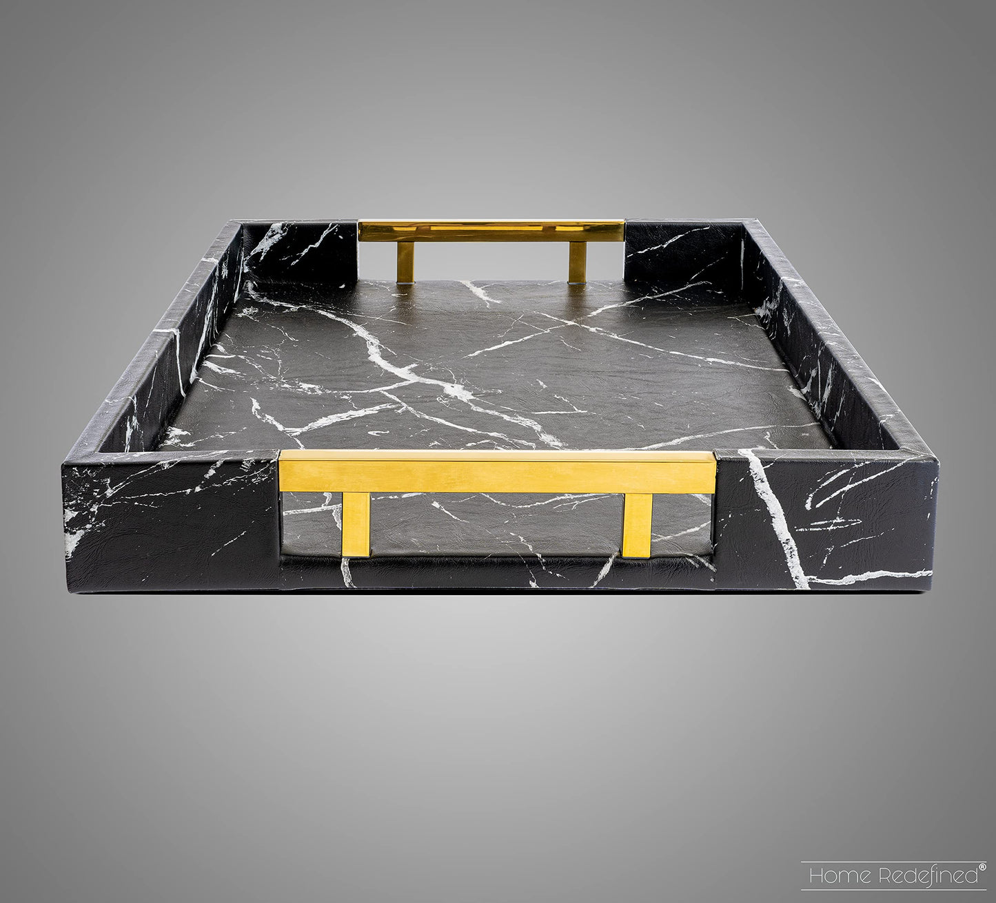 Home Redefined Modern Elegant 17.5"x12" Rectangle Black Marble Faux Leather Decorative Tray Ottoman Coffee Table Perfume Living Room Kitchen Serving Tray with Gold Polished Handles for All Occasion's