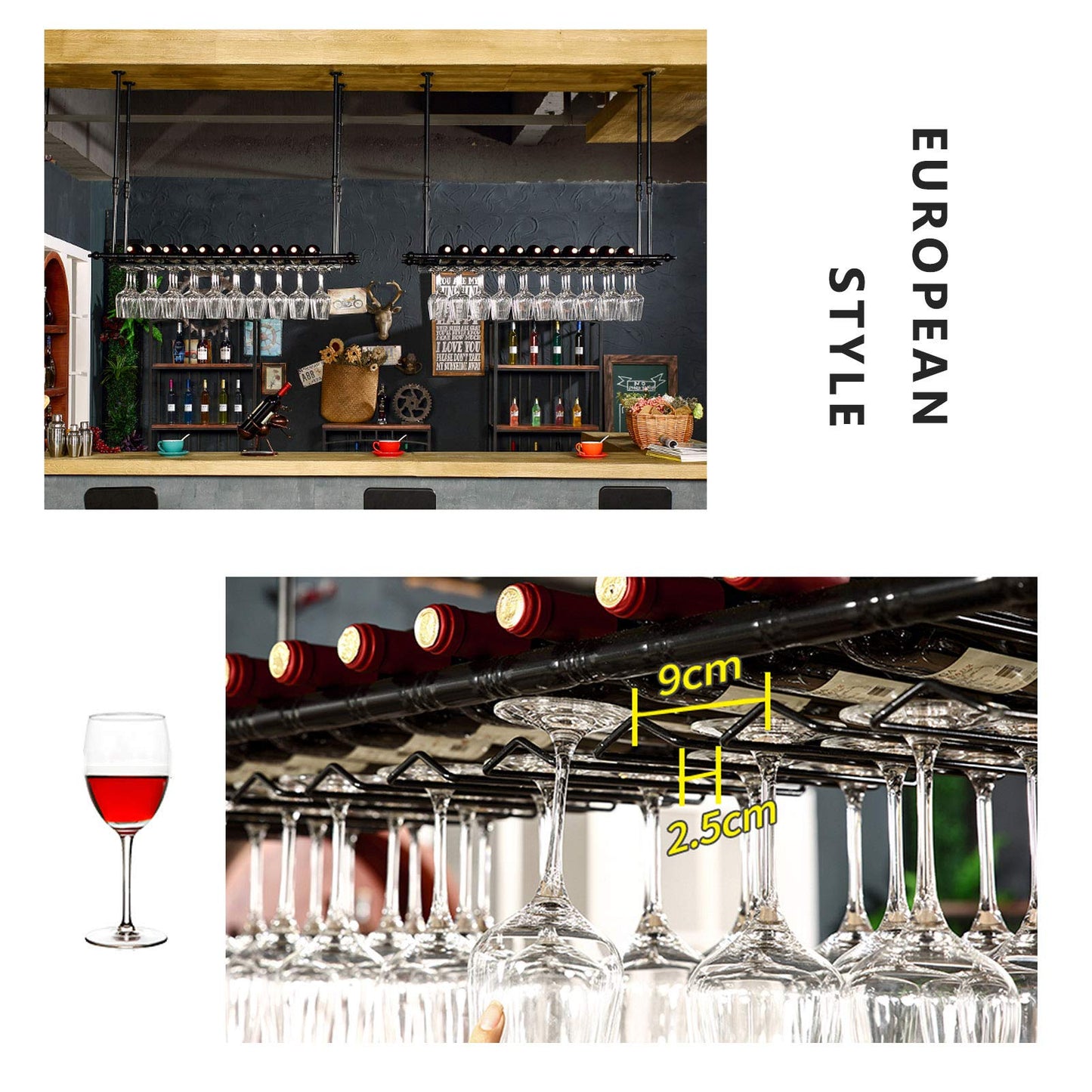 WJDREPKHY Wine Rack Wall Mounted - Bar Floating Wine Racks Adjustable Height Ceiling Mounted Wine Shelf Bottle Holder with Glasses Cups Rack for Restaurant Cafe(Black)