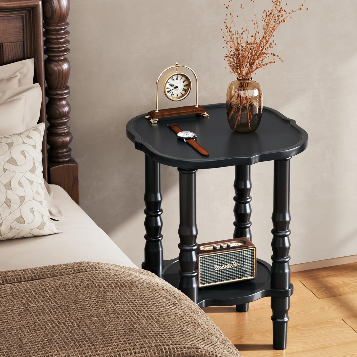 Uniclinens Solid Wood End Side Table - Small Wooden Nightstand for Living Room Bedroom, Black