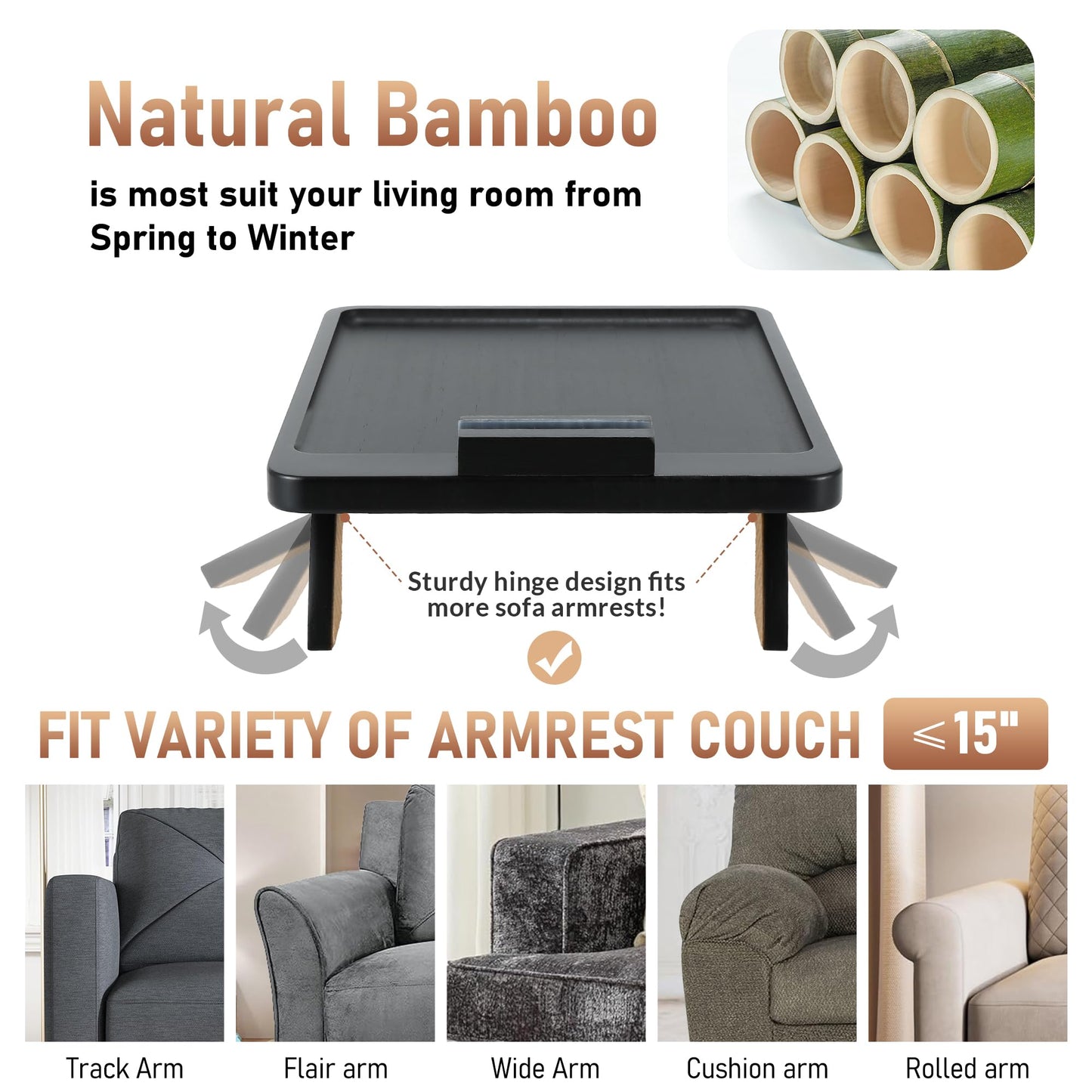SINWANT Large Couch Armrest Table, 15.75"x 11.8" Bamboo Couch Arm Table with 360° Rotating Phone Holder,Foldable Anti-Slip Sofa Arm Tray for Snacks,Drinks,Remotes on Wide Armrest