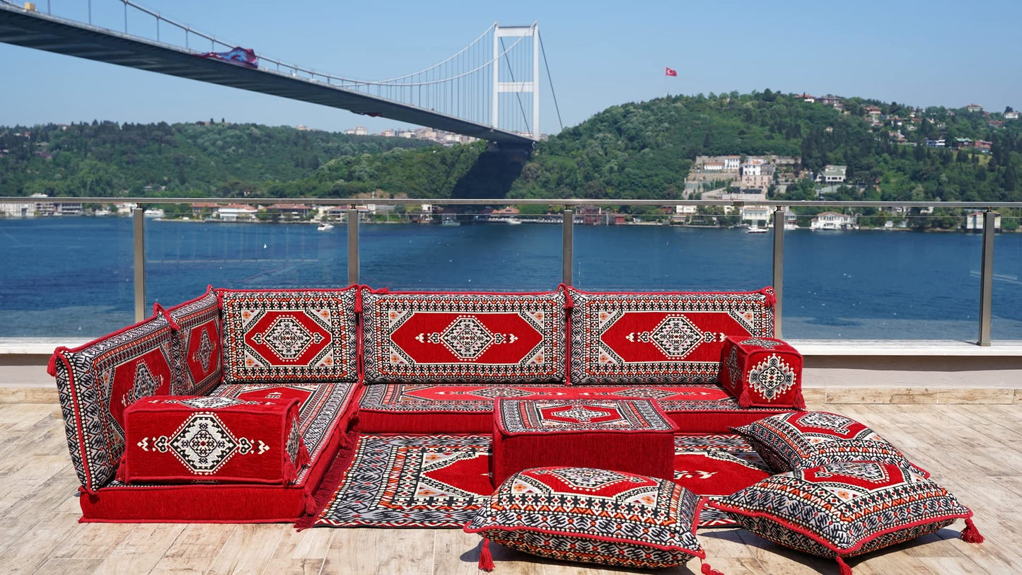 L Shaped Arabic Floor Cushions, Sectional Sofas, Arabic Majlis Set, Custom Made Sofa, Arabic Sofa Set, Seating Cushions (4'' Thickness Sofa, L Sofa Full Set, Red)