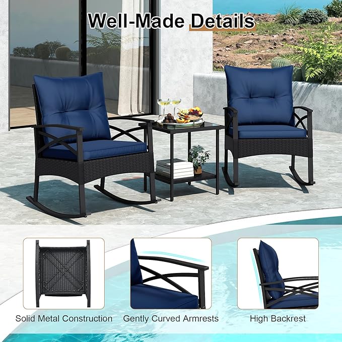 Tangkula 3 Pieces Outdoor Rocking Chairs Set, Rattan Heavy Duty Cushioned