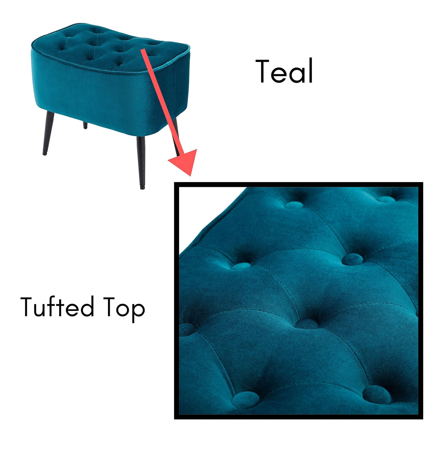 BIRDROCK HOME Tufted Curve Ottoman Velvet Foot Stool - Modern Upholstered Padded Footrest for Living Room or Bedroom - Small Cushioned Accent Chair for Couch, Sofa, or Lofted Seating (Teal)