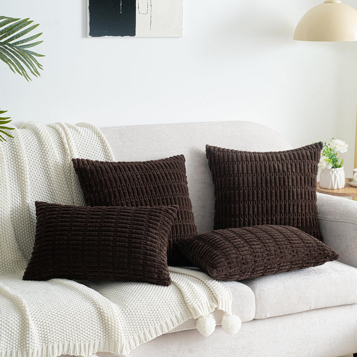 Smile of hope Pack of 2 Corduroy Decorative Throw Pillow Covers 18x18 Inch Soft Boho Striped Pillow Covers Modern Farmhouse Home Decor for Sofa Living Room Couch Bed Dark Brown