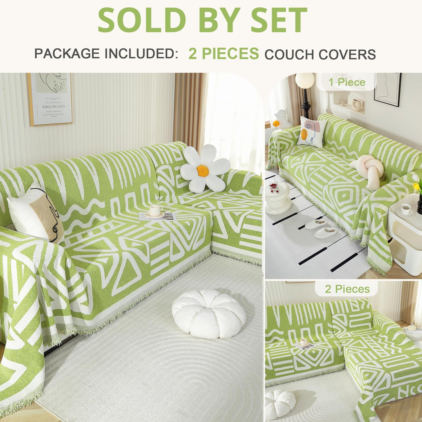 Royhom Sectional Couch Covers 2 Pieces, L Shaped Couch Cover Blanket, Boho Sofa Covers Washable, Sofa Slipcover with Tassel, Suitable for All Seasons (71"x110"+71"x118", Green)