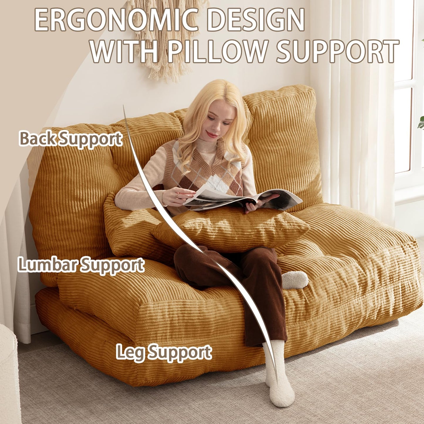 Folding Sofa Bed, Convertible Sleeper Chair with Pillow Foldable Mattress with Back Support, Portable Fold Out Chair Bed Comfy Floor Sofa Lounge for Living Room Bedroom, Yellow Full 80x54 Inch