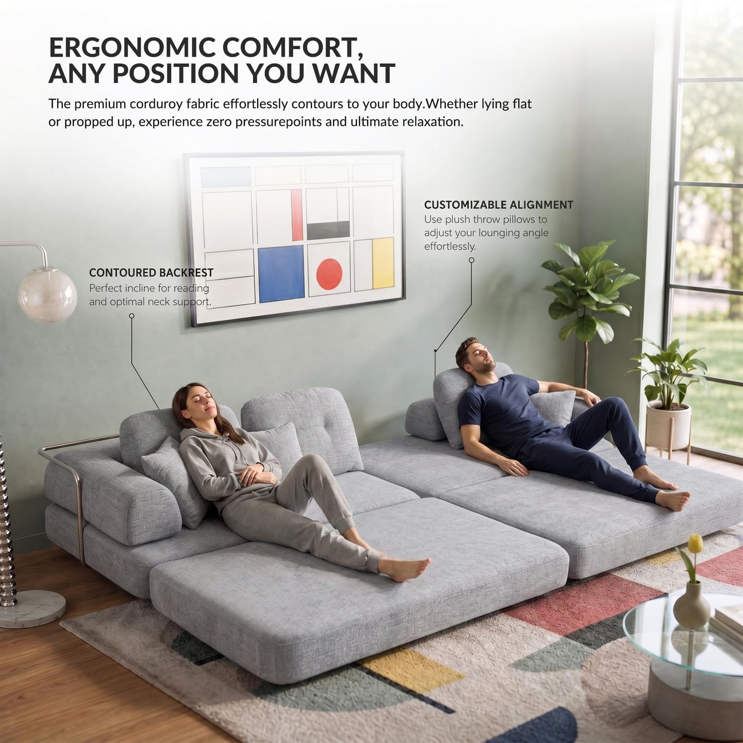 YasuSoofa Boneless Sectional Couch with Chaise, Convertible L-Shape Floor Sleeper with High Headrest, Modular Sofa Bed for Living Room Apartment, No Assembly, Beige