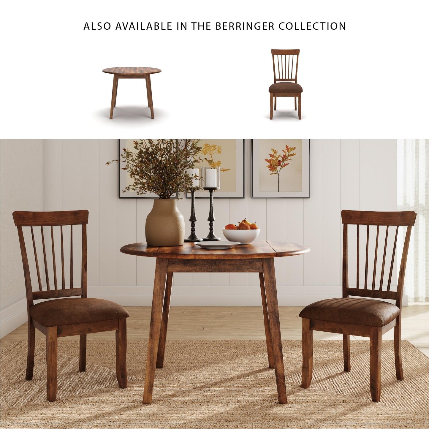 Signature Design by Ashley Berringer Dining Room Round Drop Leaf Table, Rustic Design, Seats 4, Hinged Extension Leaves, Small Space Solution, 42" W x 42" D x 30.63" H, Rustic Brown