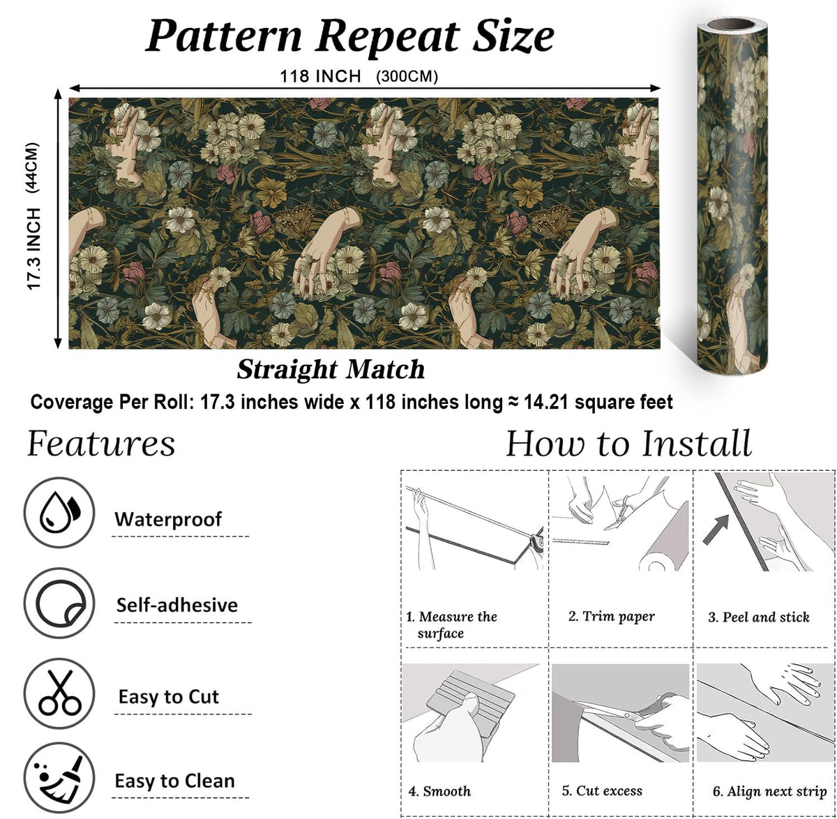LHIUEM Gothic Flower and Hands Contact Paper Victorian Goth Hands Whimsical Wallpaper Dark Academia Peel Stick Wallpapers(17.3"×118") Boho Whisty Flowers Vintage Wallpaper for Room Wall Cabinet