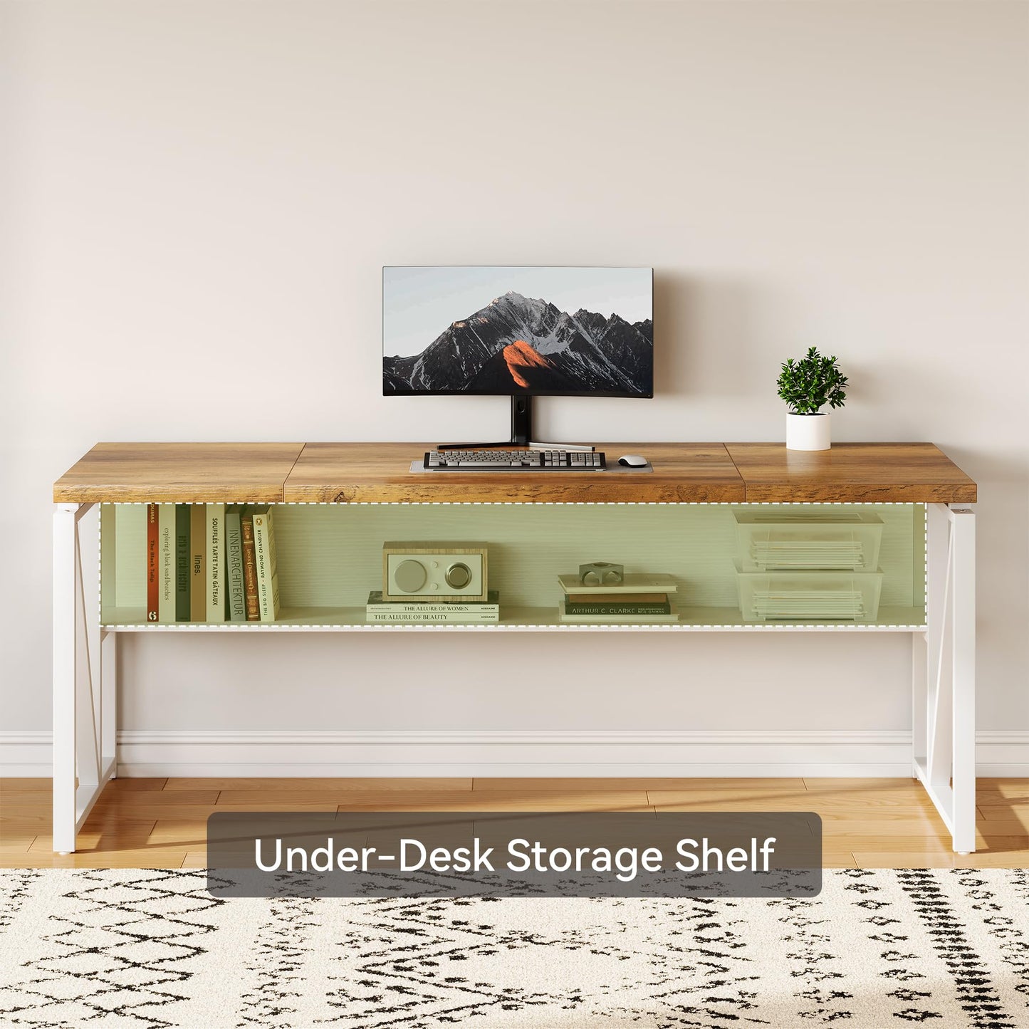 LITTLE TREE 63-Inch Executive Office Desk, Large Computer Desk with Storage Shelf, Executive Desk with Metal Frame, Thickened Desktop, Study Writing Desk Work Station for Home Office, Rustic + White