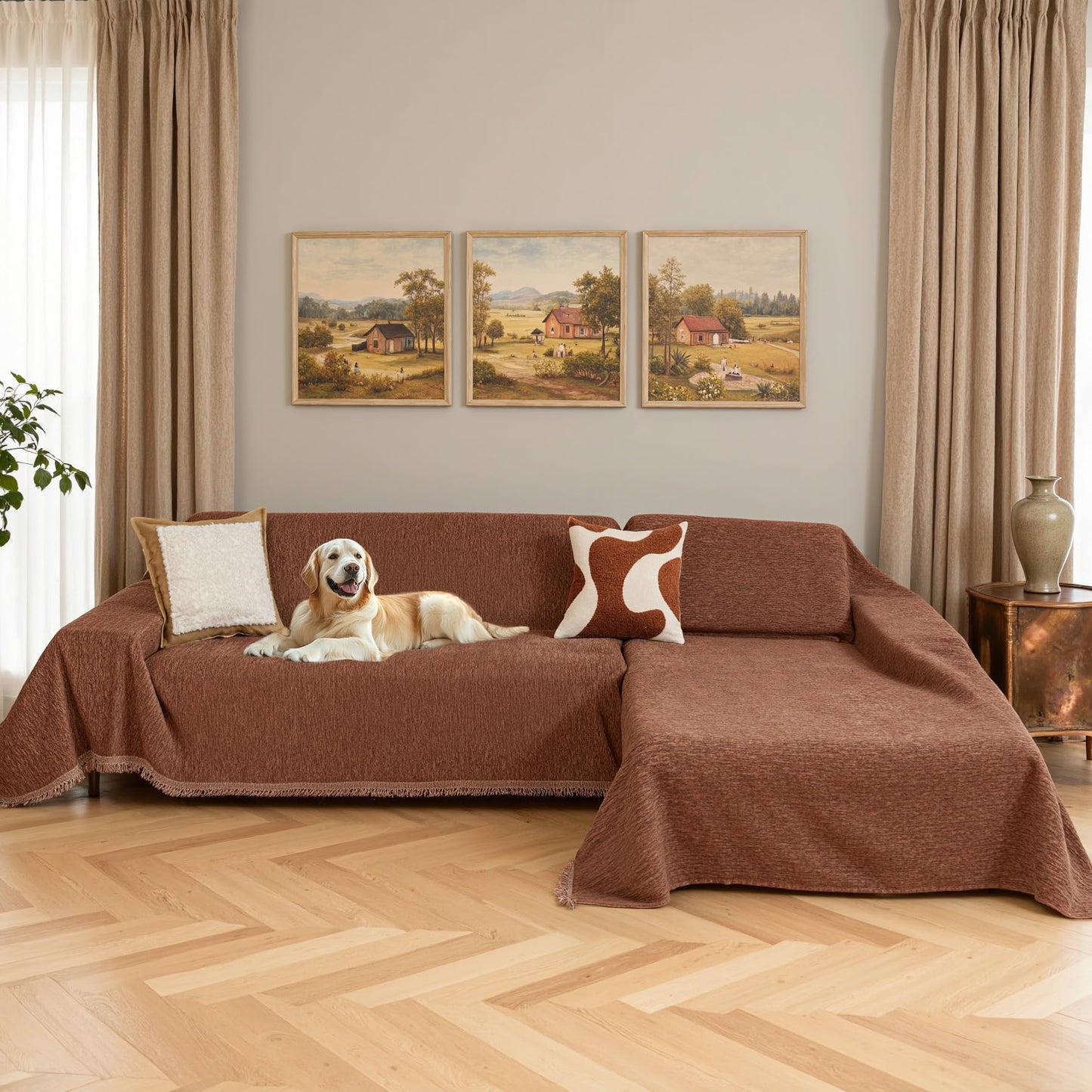 MYSKY HOME Couch Cover for Sectional Sofa, 2 Pieces Chenille Couch Covers for L Shape Sofa Cover, Furniture Protector for Pet, Kid, Sofa Slipcover for 3-4 Cushion Couch (71"x118"+91"x134", Chocolate)