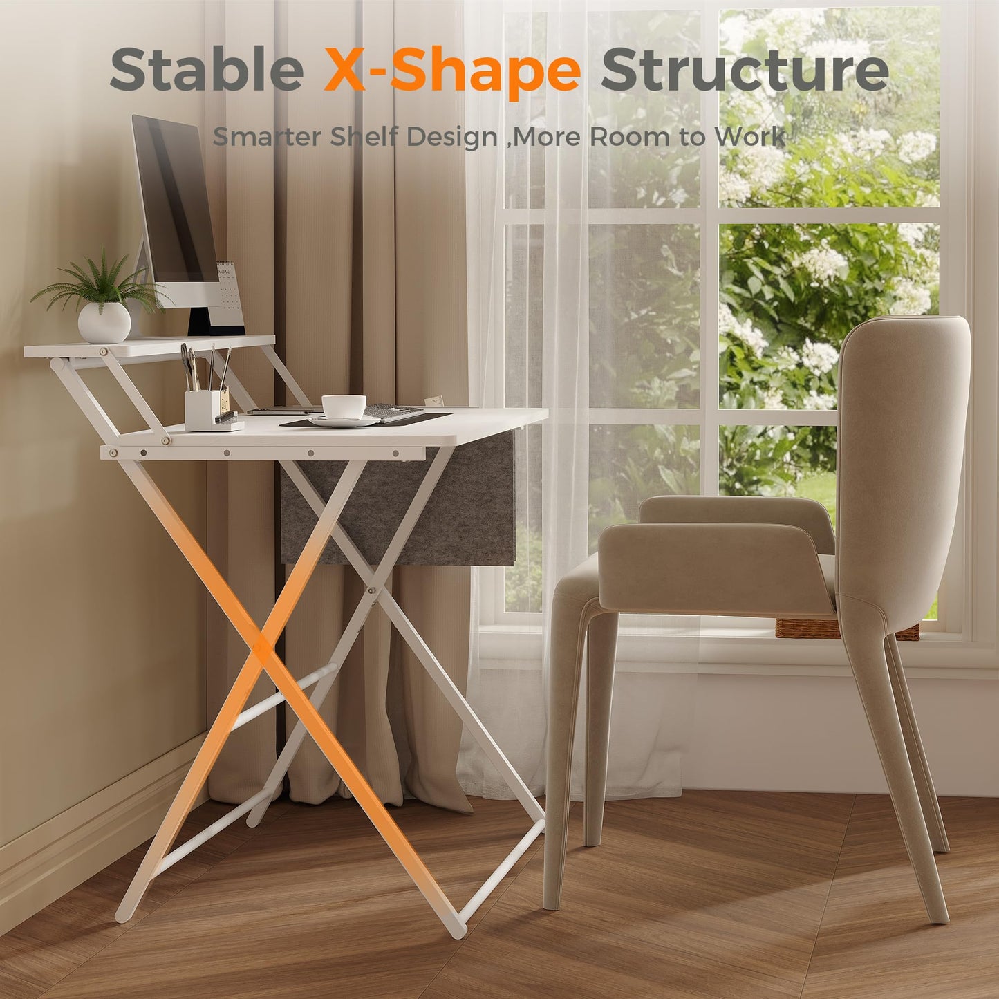 Small Desk No Assembly,31.5Inch 2-Tier Compact Computer Desk with Shelf & Side Pocket,Space Saving Foldable Table for Home Office, Bedroom or Apartment,Portable Collapsible Sturdy Laptop Desk,White