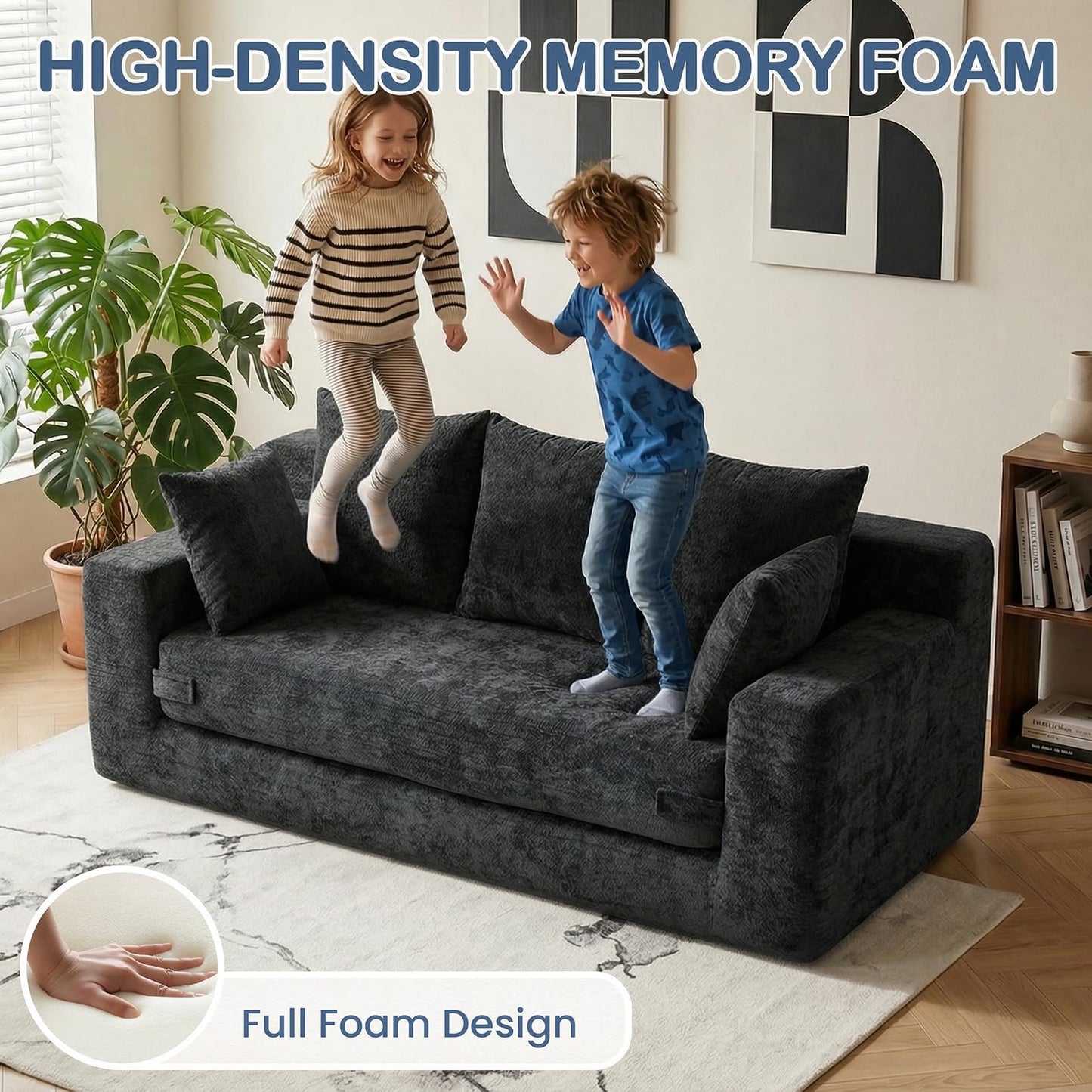 Winzoo Boneless Couches 70", 3 Seater Boneless Couch with Pull Out Sofa Bed, Black Boneless Couch with 5 Pillows, Plush Velvet Sofa for Living Room & Bedroom