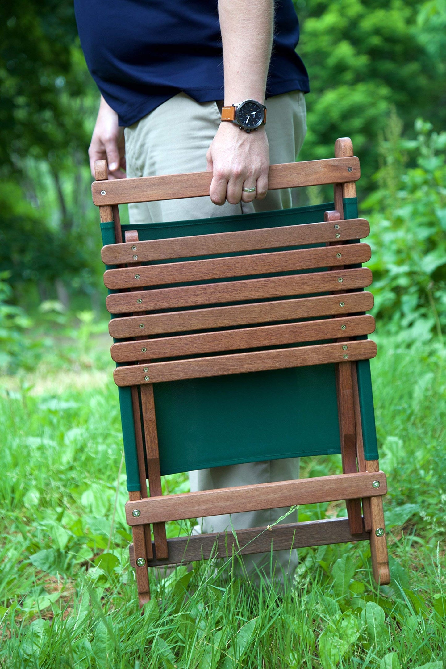 BYER OF MAINE Pangean Lounger Chair – Portable, Lightweight, Foldable Wood and Canvas Chair – Ideal for Camping, Patio, Lawn, and Beach Use in Forest Green