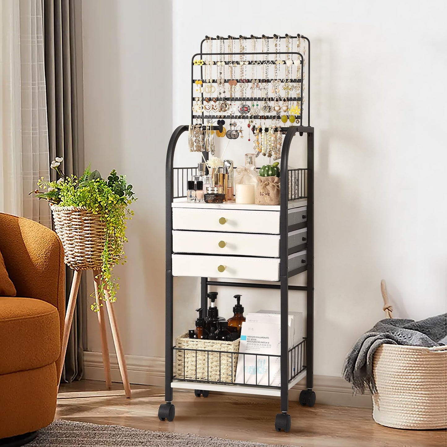 Keebofly Large Jewelry Organizer Stand with 3 Drawers, Floor Display Holder with Necklace, Earring, Bracelet, Ring Storage — Rolling Armoire Tower for Bedroom or Closet (Black)
