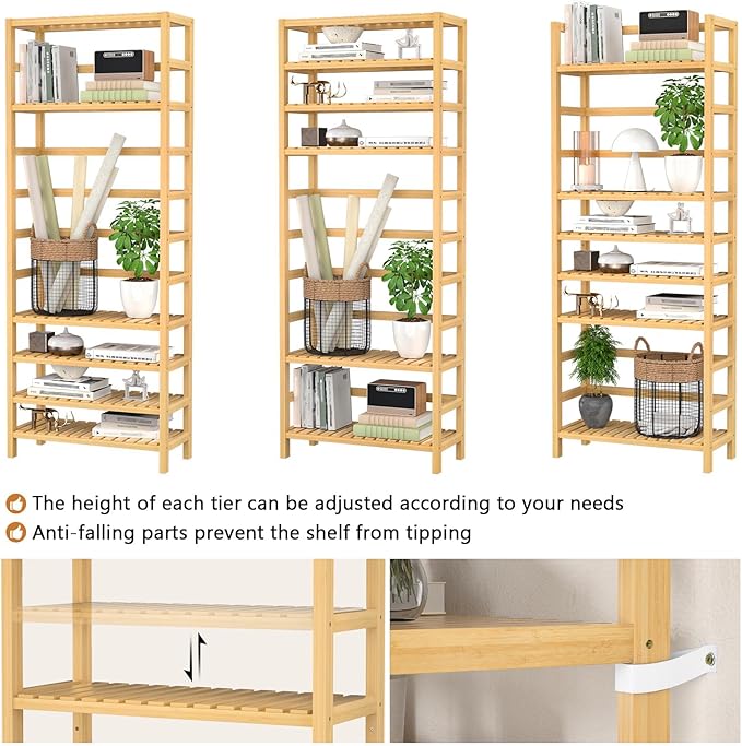 Homykic 6-Tier Bamboo Bookshelves and Bookcases, Adjustable 63.4”Tall Shallow