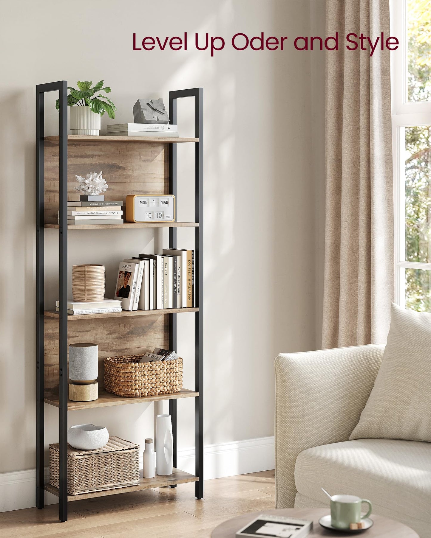 VASAGLE 5-Tier Bookshelf, Book Shelf, Industrial Bookcase, with Steel Frame, for Living Room, Home Office, Bedroom, 9.4 x 24.4 x 65 Inches, Camel Brown and Black ULLS025B50