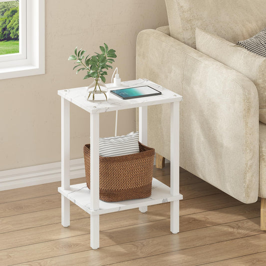TUTOTAK End Table with Charging Station, Small Side Table with Outlets, Nightstand Bedside Table, 2-Tier Storage Shelf for Small Space, Living Room, Bedroom, Marble White TB01BMW040