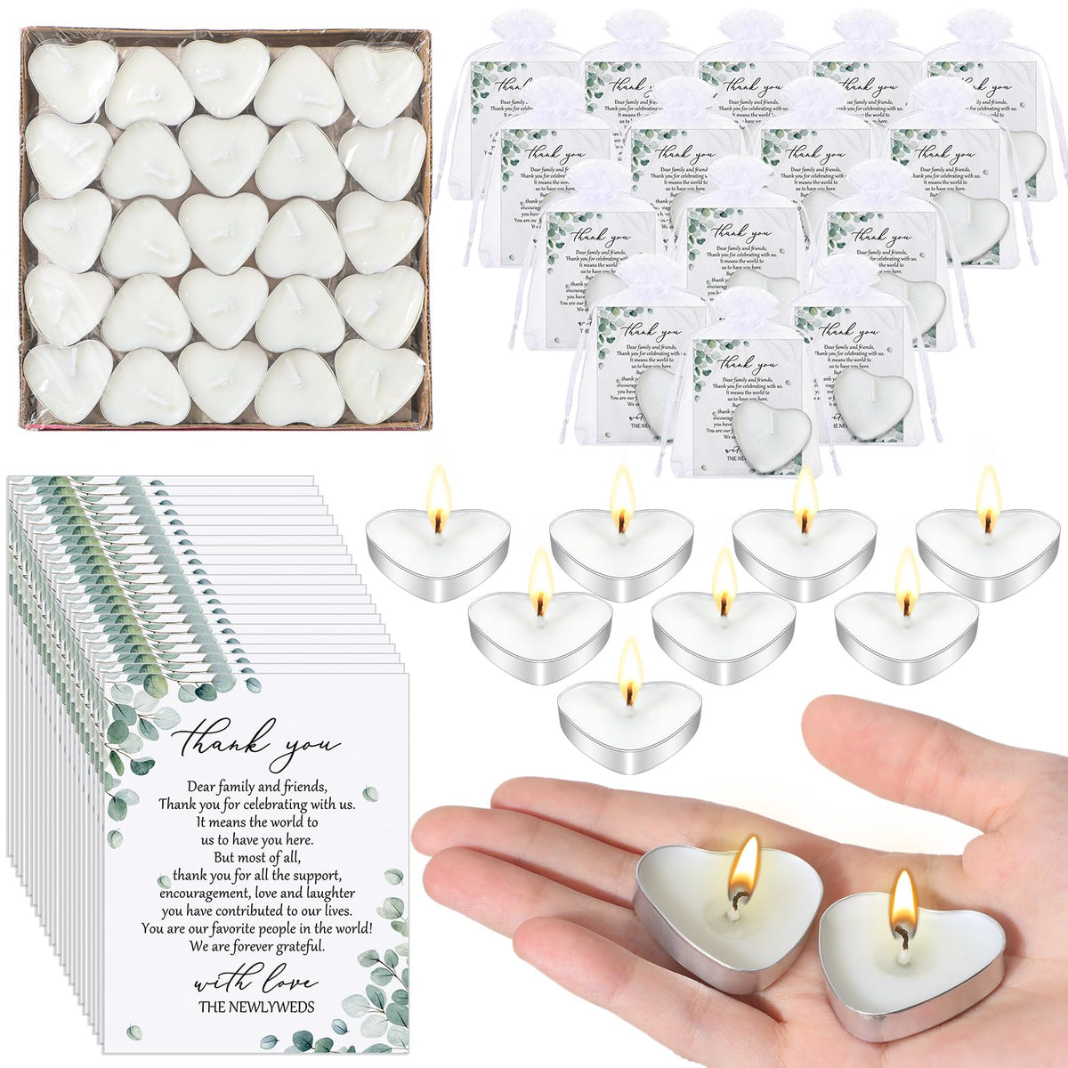 Threlaco 100 Sets Wedding Favors for Guests Bulk Mini Heart Shaped Candles Wedding Party Favors for Guests with Thank You Cards and Organza Bags Bridal Shower Party Souvenir Candle Gifts