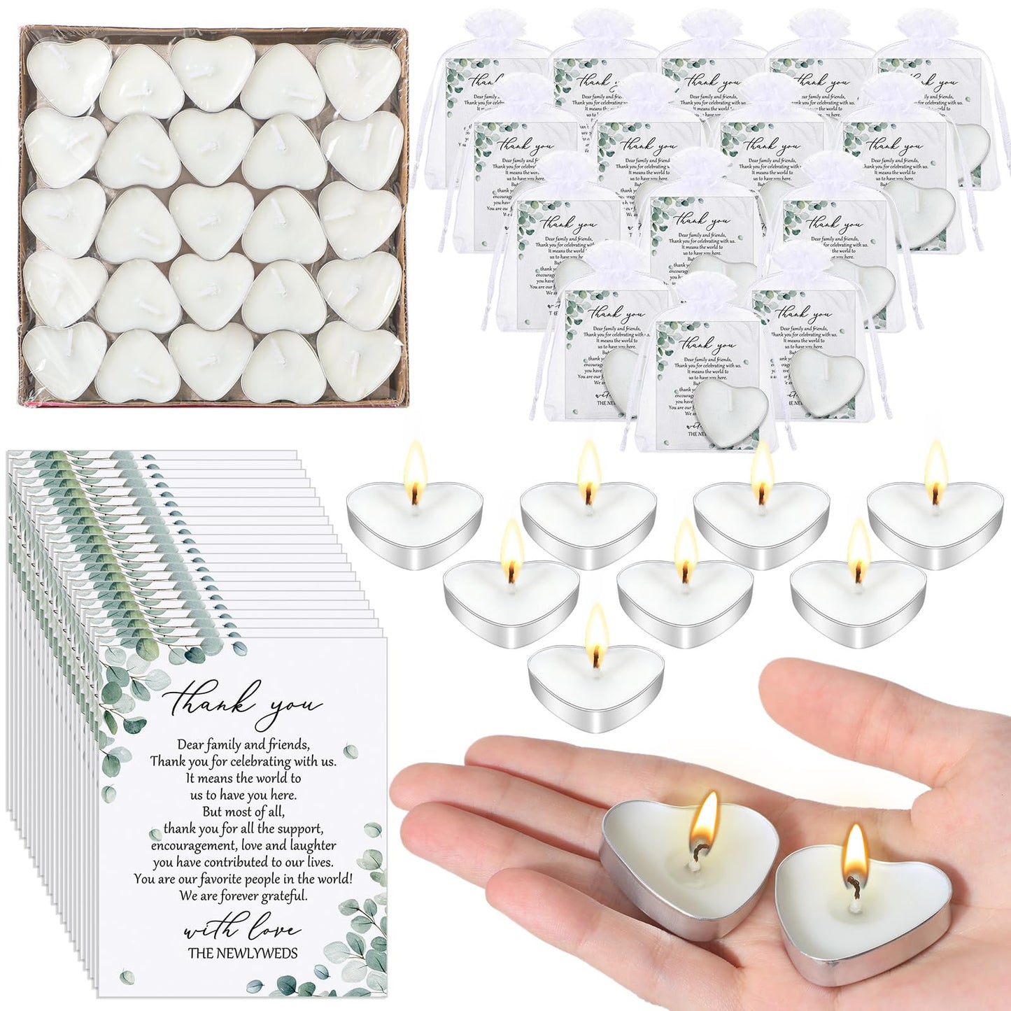 Threlaco 150 Sets Wedding Favors for Guests Bulk Mini Heart Shaped Candles Wedding Party Favors for Guests with Thank You Cards and Organza Bags Bridal Shower Party Souvenir Candle Gifts