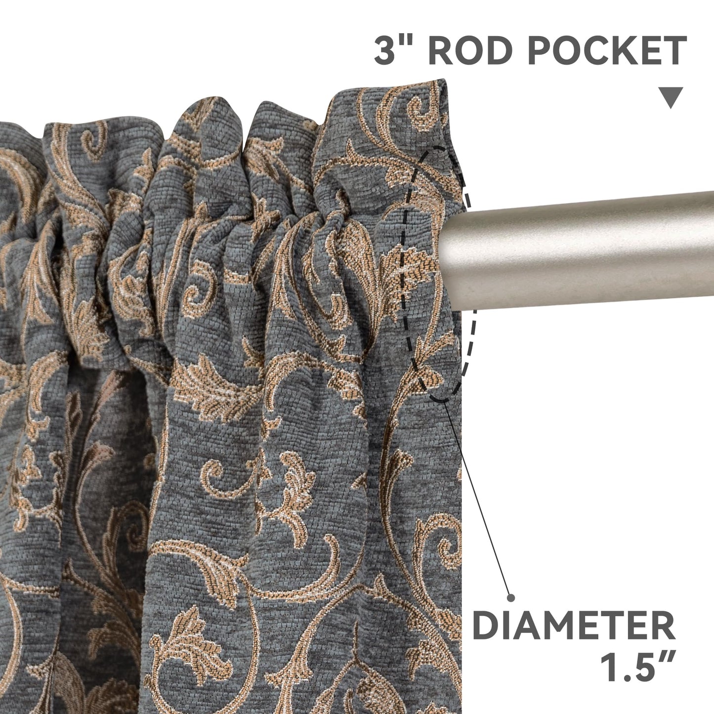 Loom and Mill Elegant Damask Window Curtain Panels for Bedroom Living Room, Classic Acanthus Chenille Jacquard Curtains 84 inches Long with Lining and Matching Tiebacks, Rod Pocket(2 Panels, 52x84)
