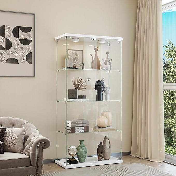 Display Cabinet with Light, Glass Door and Lock, 4-Shelf Fast Installation in
