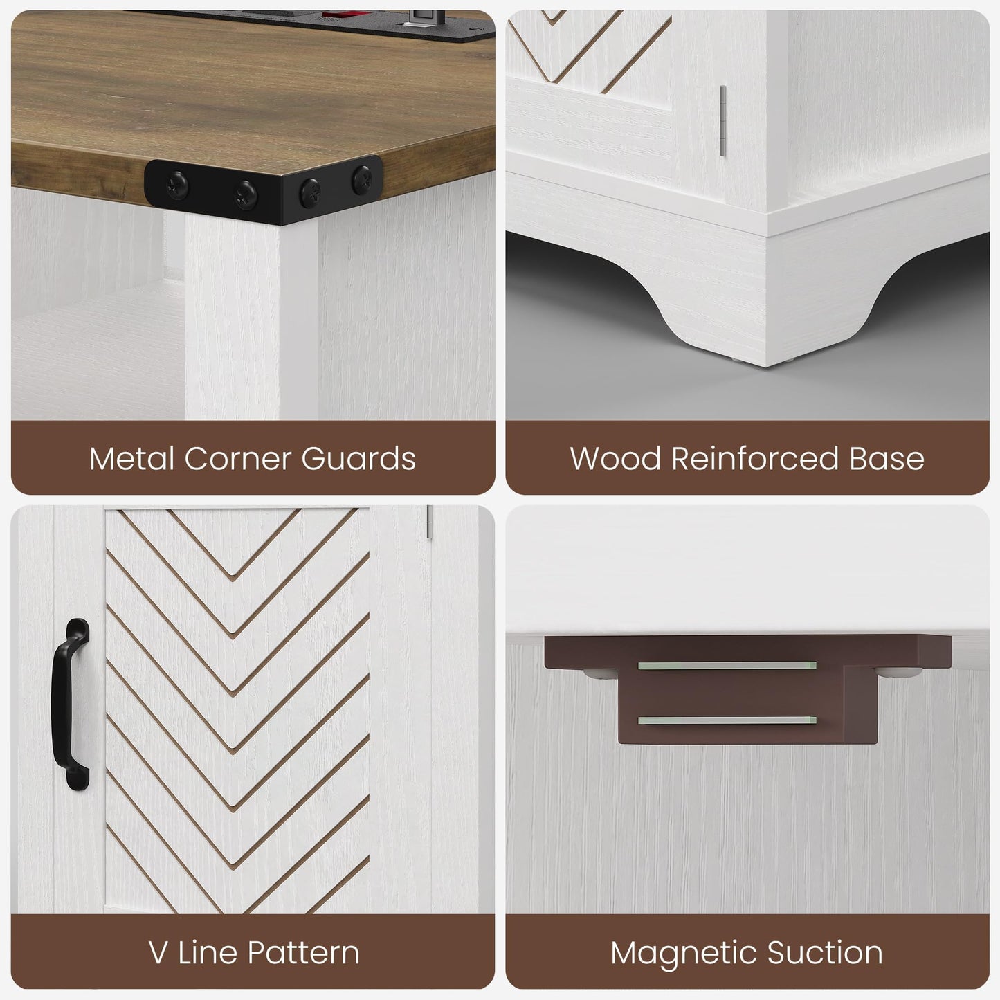 RoyalCraft Farmhouse Nightstand, End Table with LED Lights and Charging Station, Tall Bedside Table with Large Storage and Shelf, Wooden Side Table for Bedroom, Home Office, White and Rustic Oak