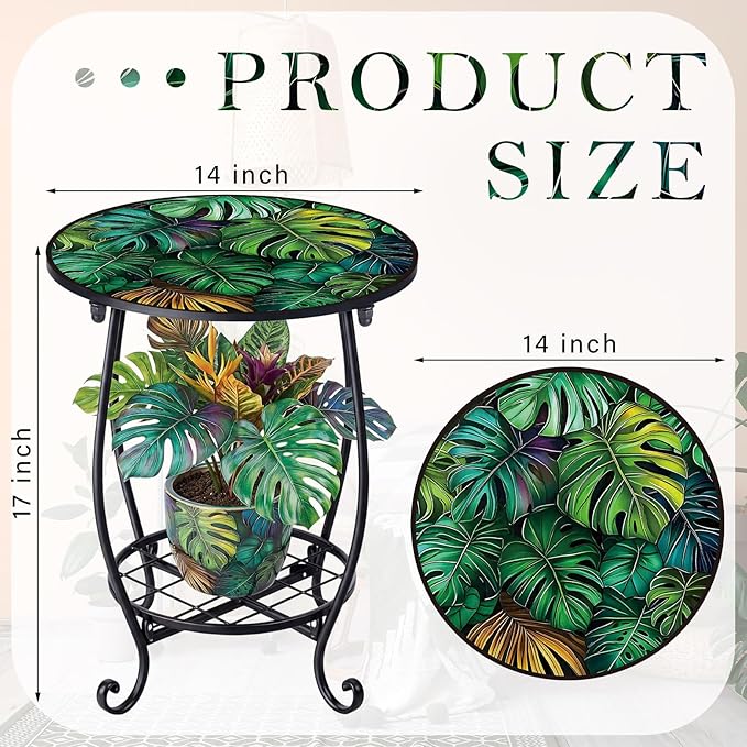 Cinnvoice Outdoor Side Table Round Small Mosaic Patio Accent Indoor End Plant