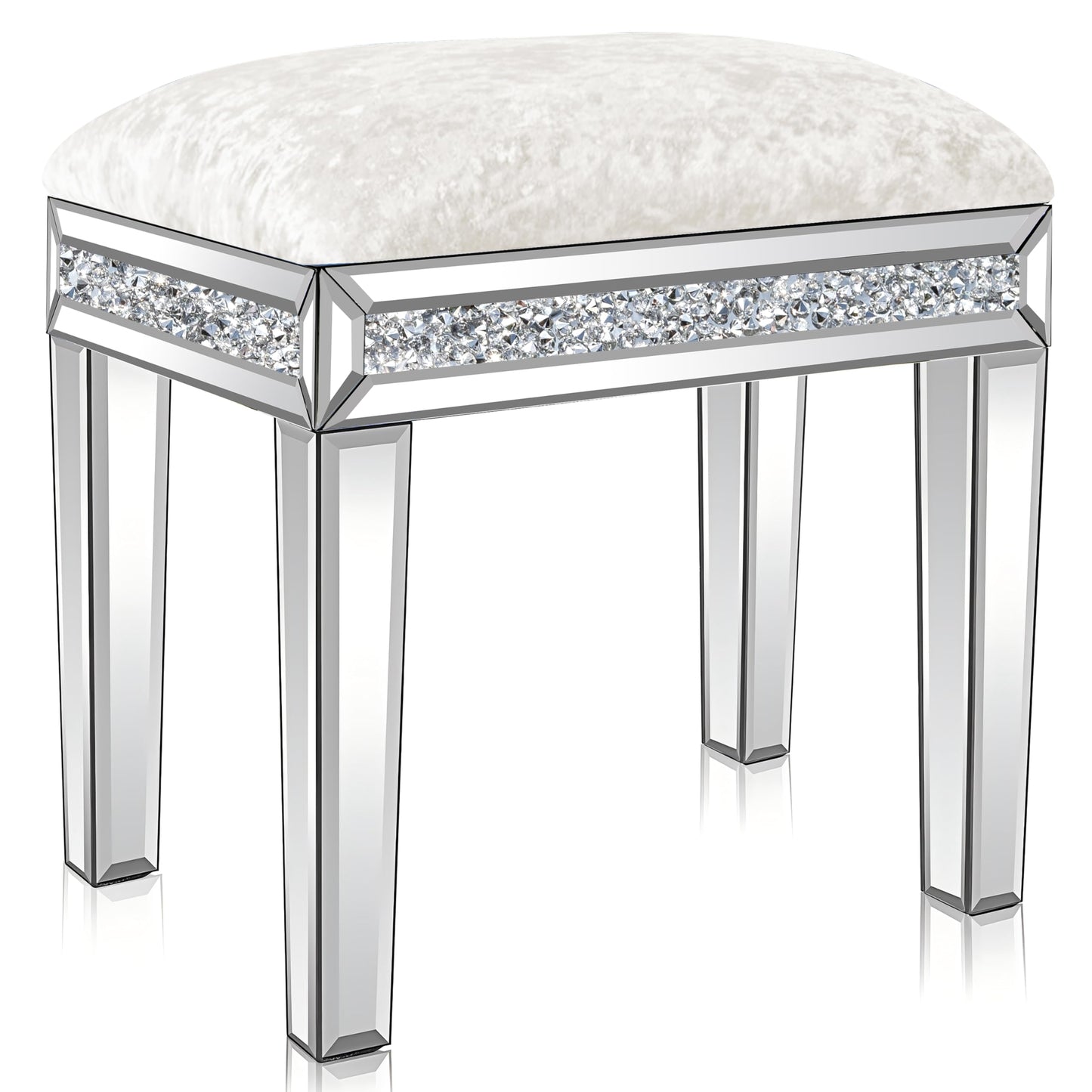 blingworld Mirrored Vanity Stool with Crushed Diamond Inlay Velvet Cushion 19.7'' Tall Stylish Makeup Chair for Bedroom, Vanity Chair, Ottoman for Living Room, White