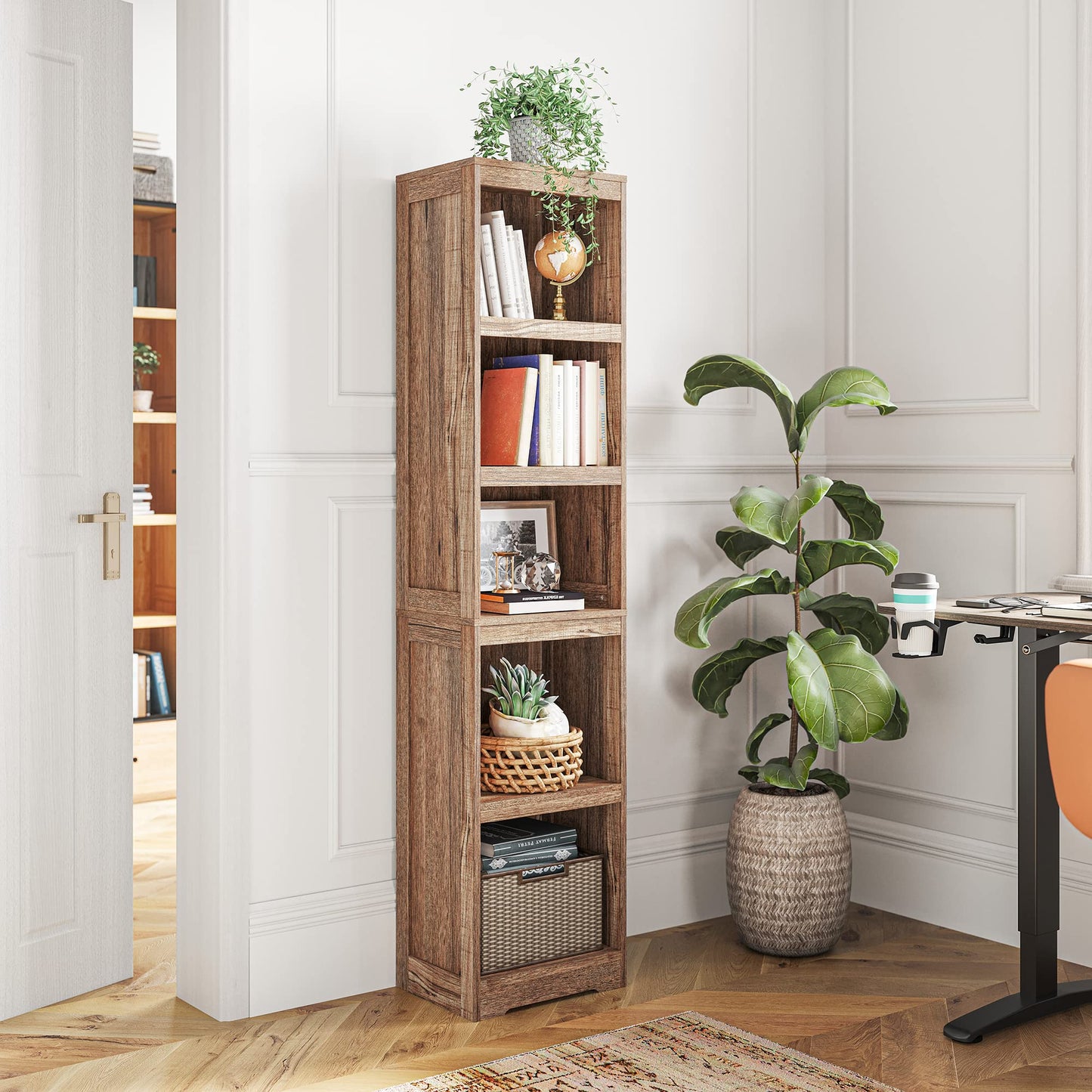 LINSY HOME 5-Shelf Bookcase, Narrow Bookshelves Floor Standing Display Storage Shelves 68 in Tall Bookcase Home Decor Furniture for Home Office, Living Room, Bed Room - Dark Brown