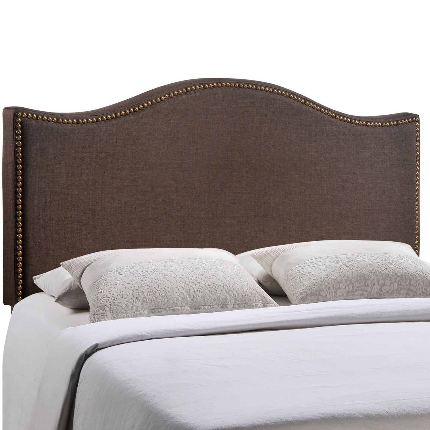 Modway Curl Upholstered Linen Fabric Queen Headboard Size With Nailhead Trim and Curved Shape in Dark Brown Fabric