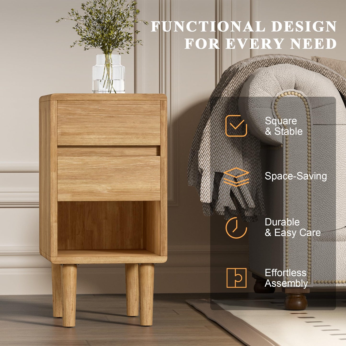 Nightstand 2 Drawers with Open Shelf Narrow Night Stand Solid Wood Bedside Table Mid Century Modern Nightstand Wooden End Table for Bedroom, Study, Office