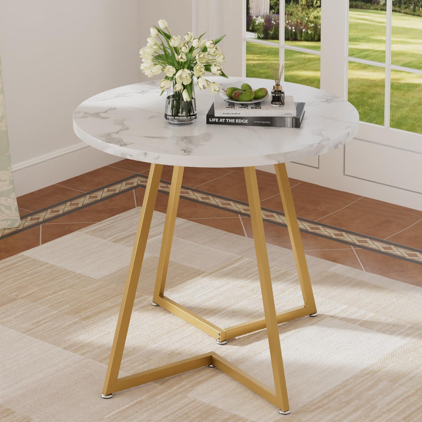 VECELO Round Dining Room Table with Wood Grain Tabletop and Steel Frame, for Kitchen, Living Room, Office, Conference, 2 to 4 Person, White & Gold