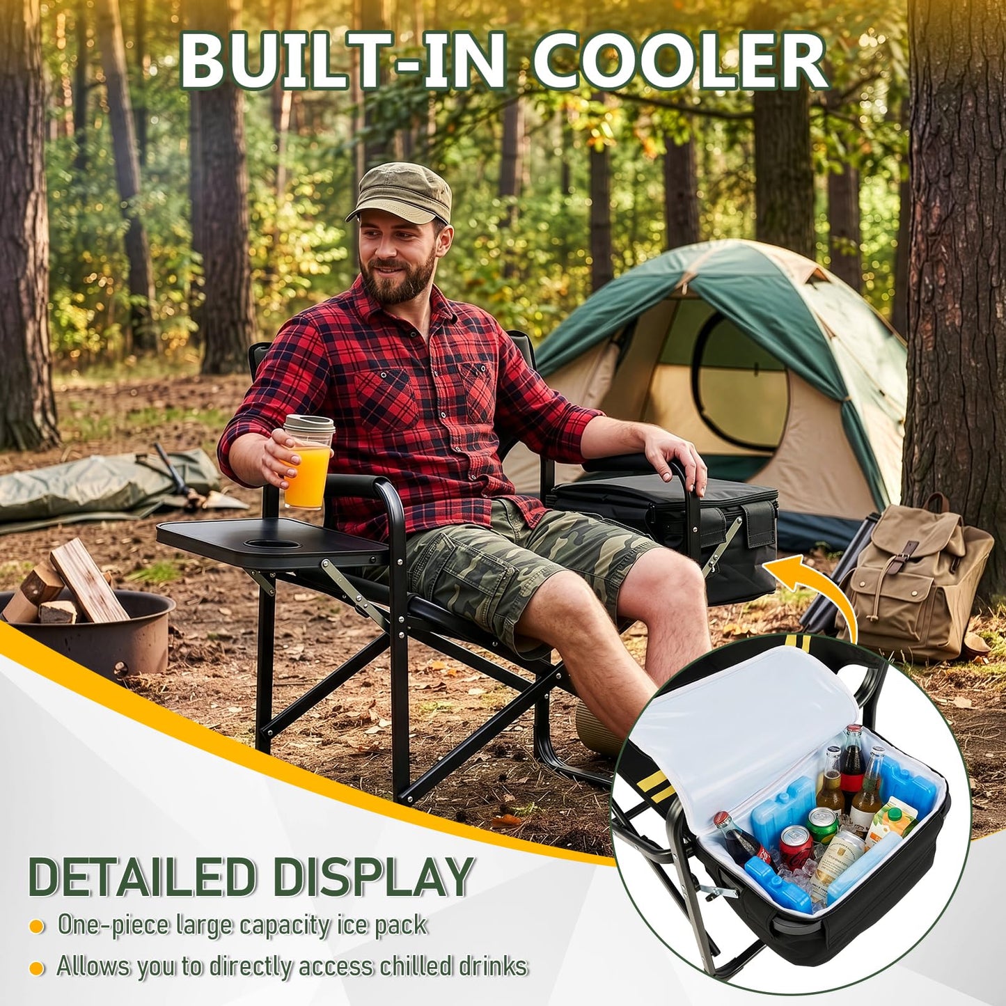 Outvita Heavy Duty Folding Camping Director Chair with Insulated Cooler Bag, Side Table & Cup Holder, 300LBS Sturdy Portable Chair for Camping Fishing Tailgating Backyard BBQ