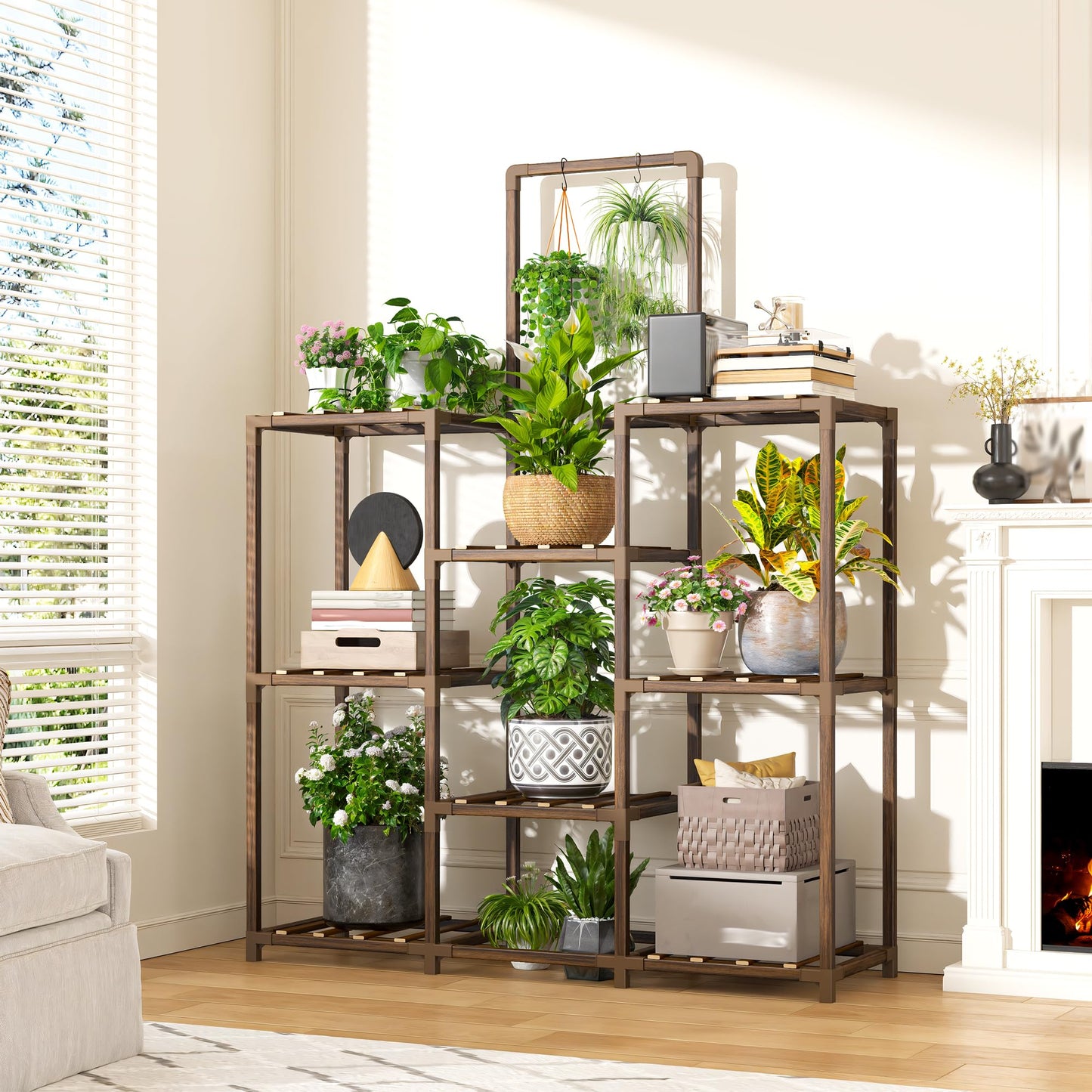 EnHomee Plant Stand Indoor Tall Plant Stand Outdoor Large Wood Plants Shelf with 10-12 Pots for Patio, Living Room, Garden, Balcony, 34.5" Wx47.3 Hx11.78 D