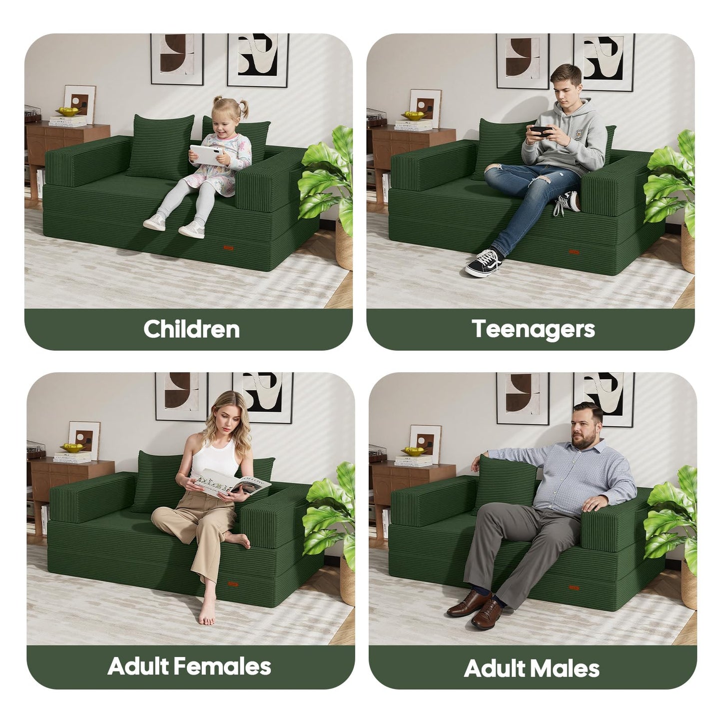 COMAX Futon Sofa Bed, 4‑in‑1 Convertible Sofa Bed, Folding Boneless Couches for Living Room, Fold Out Small Foldable Loveseat Floor Sleeper Comfy Mattress Lounge Space‑Saving, Green