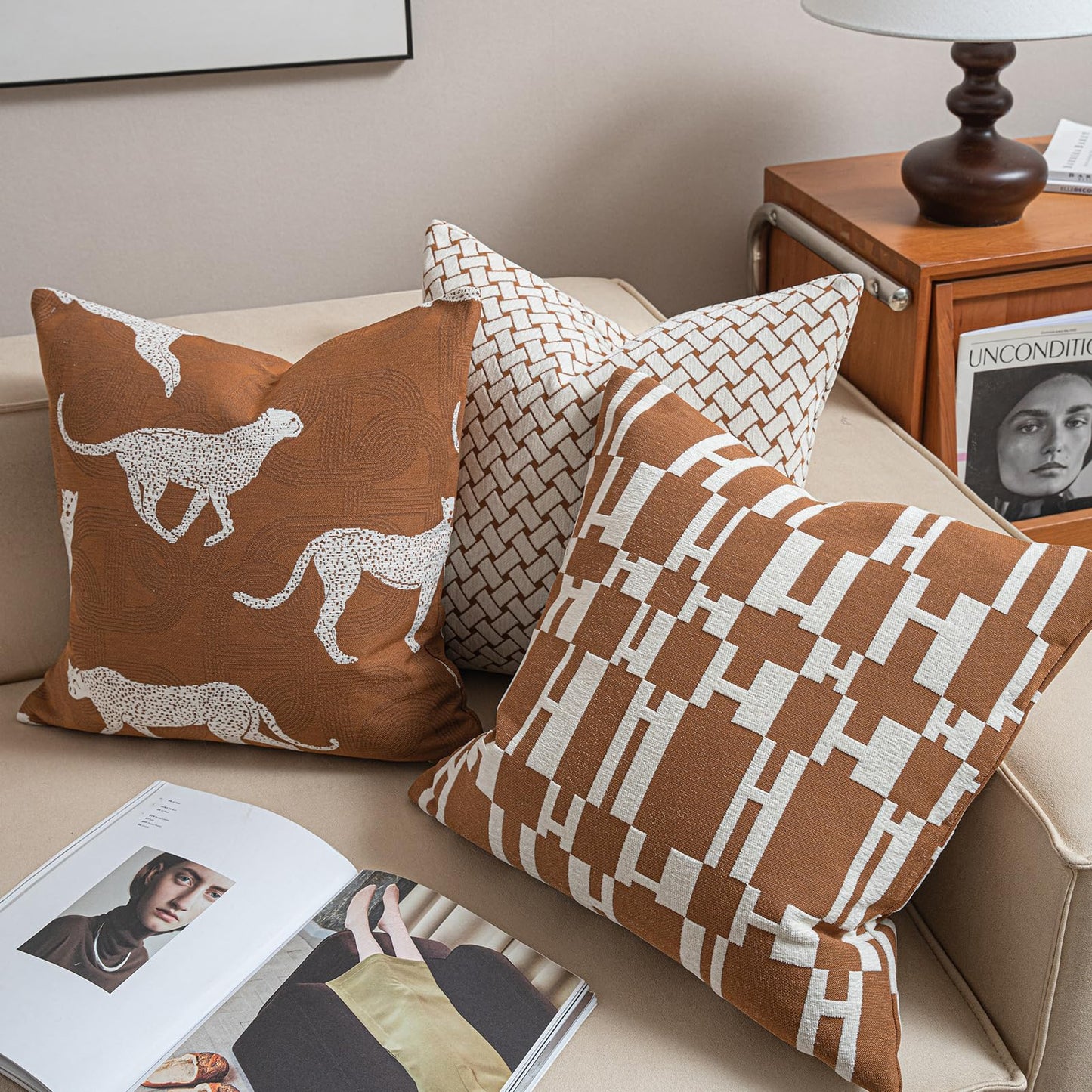 Croker Horse New 20x20'' inches Throw Pillow Cushion Covers - Caramel H Letter Chenille Jacquard Embroidery Luxury Modern Style Couch Sofa Bed Pillow Cover for Living Room Bedroom