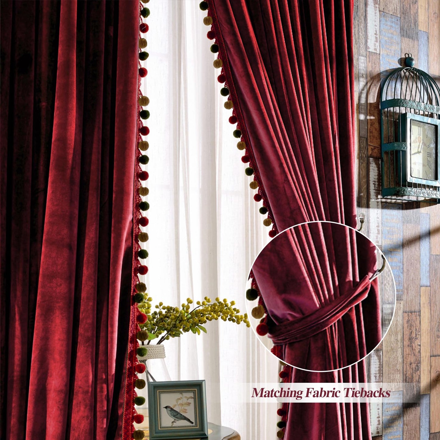 Melodieux Pom Poms Velvet Blackout Curtains for Bedroom Living Room, Vintage Luxury Thermal Insulated Rod Pocket Lined Drapes, 52" W x 84" L, Burgundy (2 Panels)