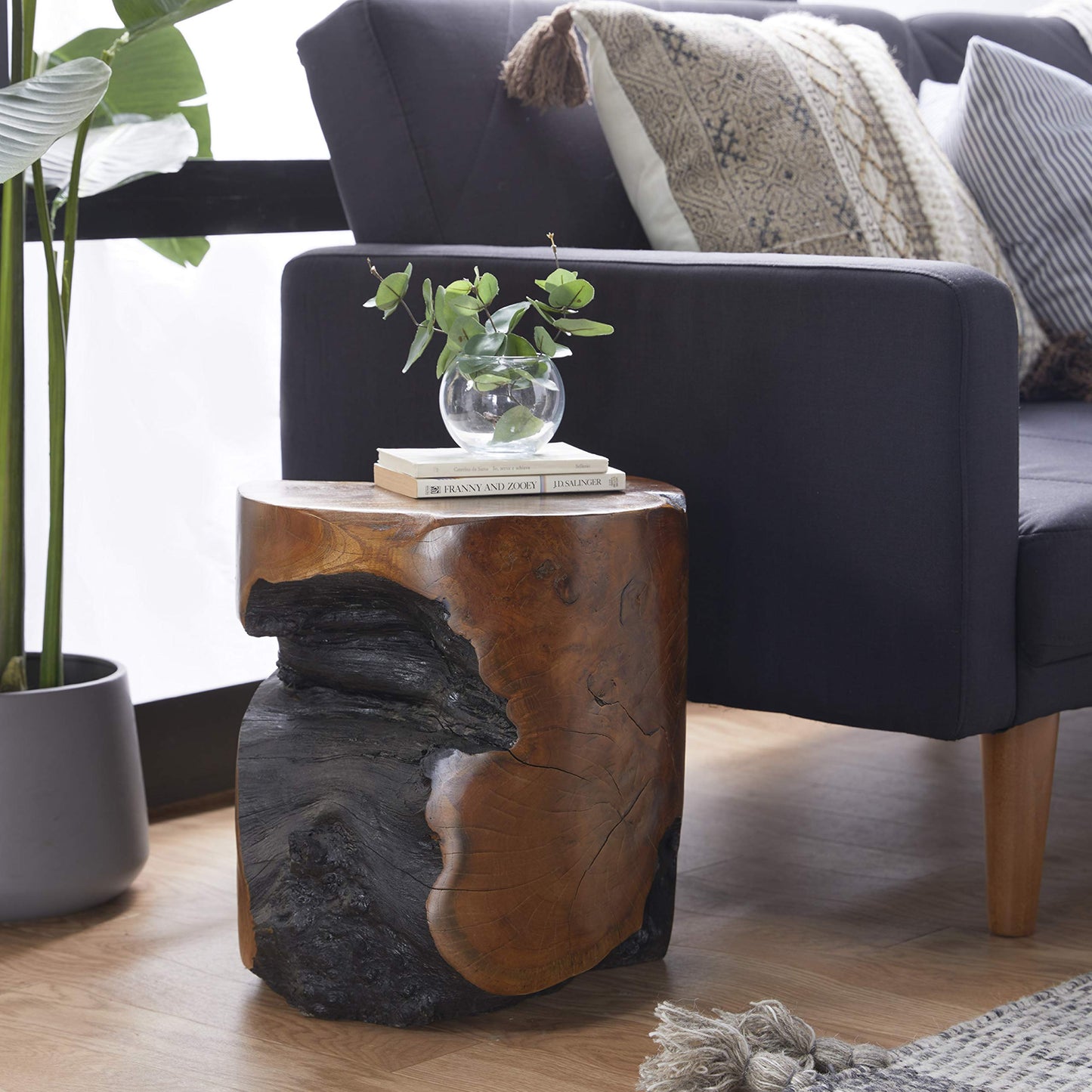 Deco 79 Teak Wood Handmade Live Edge Stump Accent Table with Charred Detailing, 14" x 14" x 18", Brown