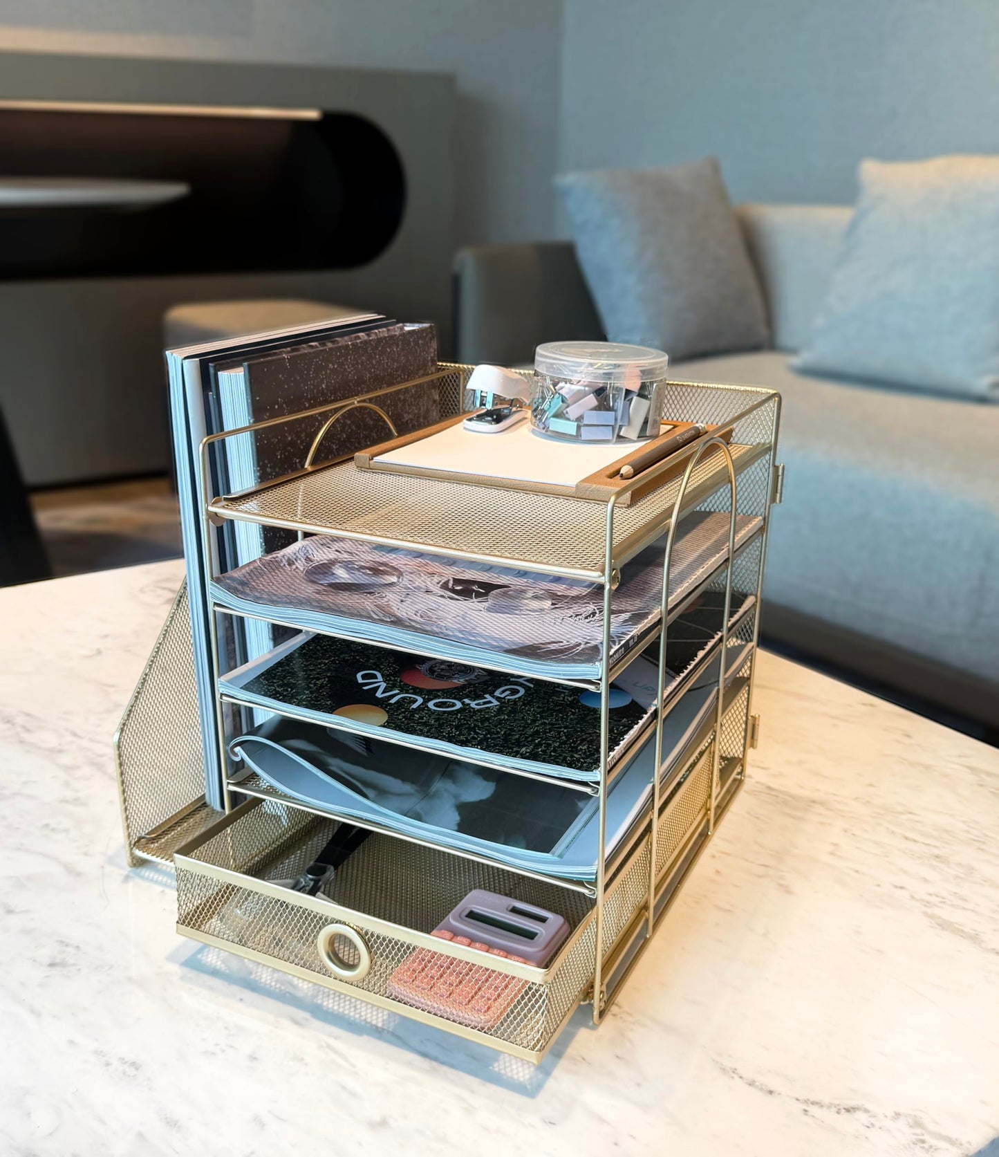 5-Tier Paper Letter Organizer with File Holder, Desk Organizer with Drawer, Mesh Desktop Storage with Magazine Holder for Office Supplies (Golden)