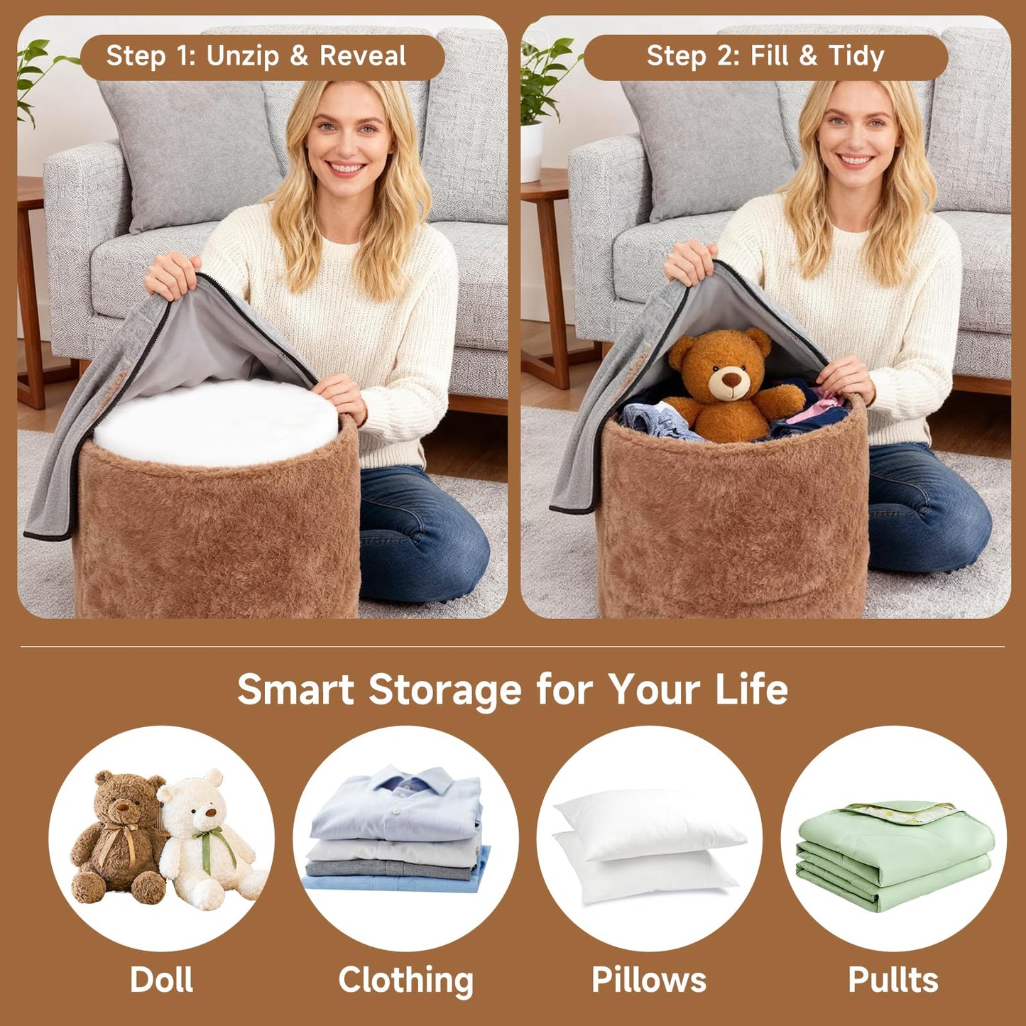 Tiita Pouf Ottoman and Foot Rest, Round Foam Stuffed Floor Pouf with Storag for Living Room, Brown