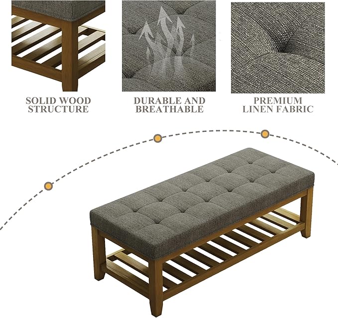 Befurtori Large Rectangular Upholstered Ottoman Bench, Linen Tufted Footrest