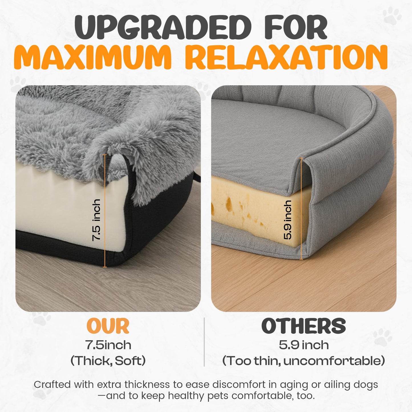 Miorun Fluffy Orthopedic Dog Bed for Large & Extra Large Dogs, Calming Plush Sofa Bed with Curved Bolster Support and Egg-Crate Foam Base, 43" Cozy Oval Pet Donut Bed with Washable Cover, Gray