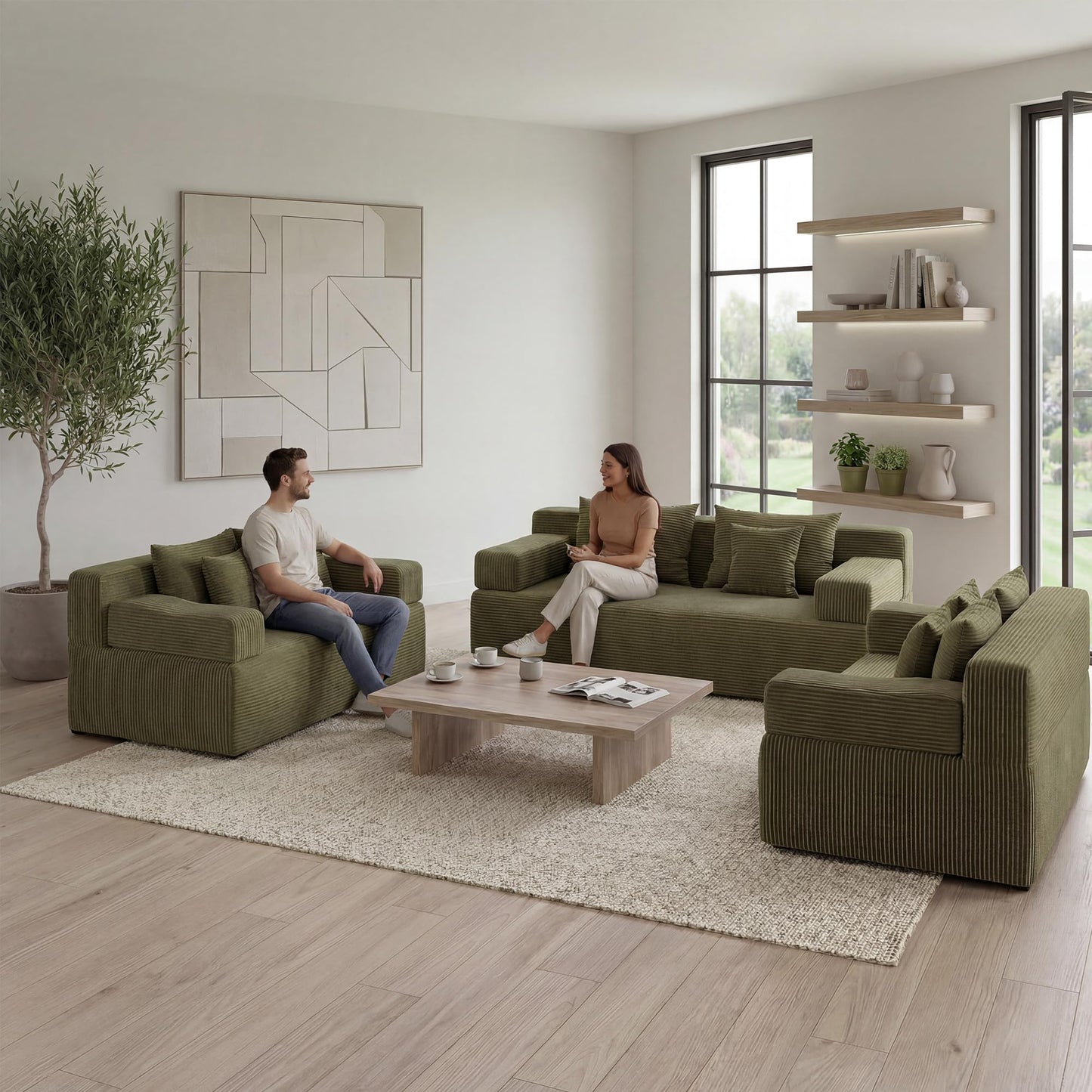MONVANE 3-Piece Boneless Loveseat Couch Set for Living Room, Oversized Modular Sectional Sofa Set with Removable Armrests, Comfy Corduroy Cloud Couch with 12 Pillows, No Assembly Required, Green