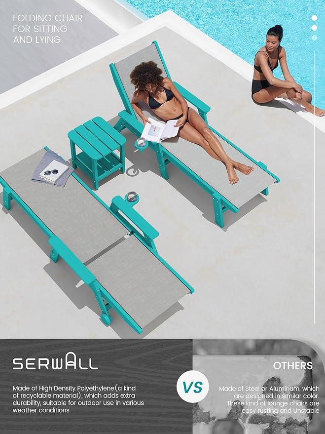 SERWALL Textilene Patio Chaise Lounge Chair, 5 Positions Adjustable Outdoor
