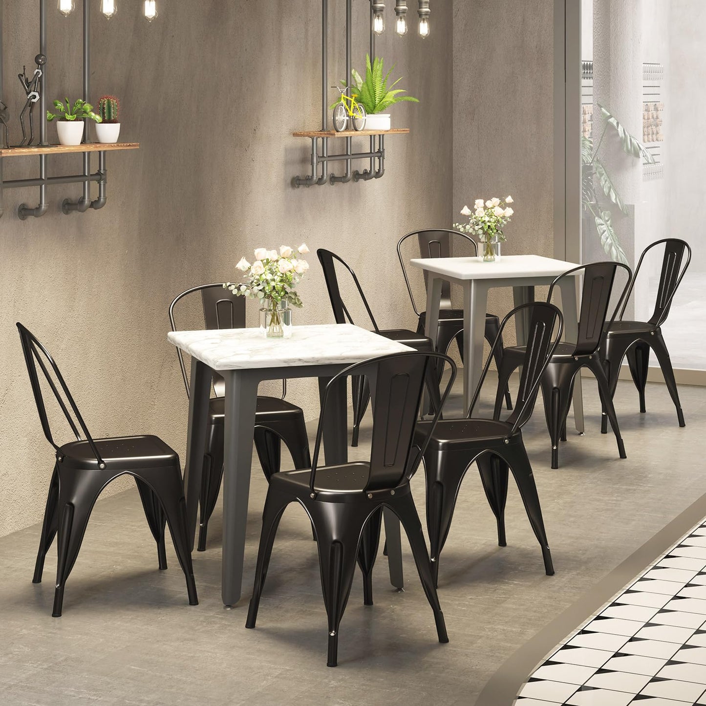COSTWAY Metal Dining Chairs Set of 4, 18 Inch Stackable Industrial Kitchen Tolix Side Chairs with Detachable High Back for Dining Room, Cafe, Restaurant, Bistro (Bronze)