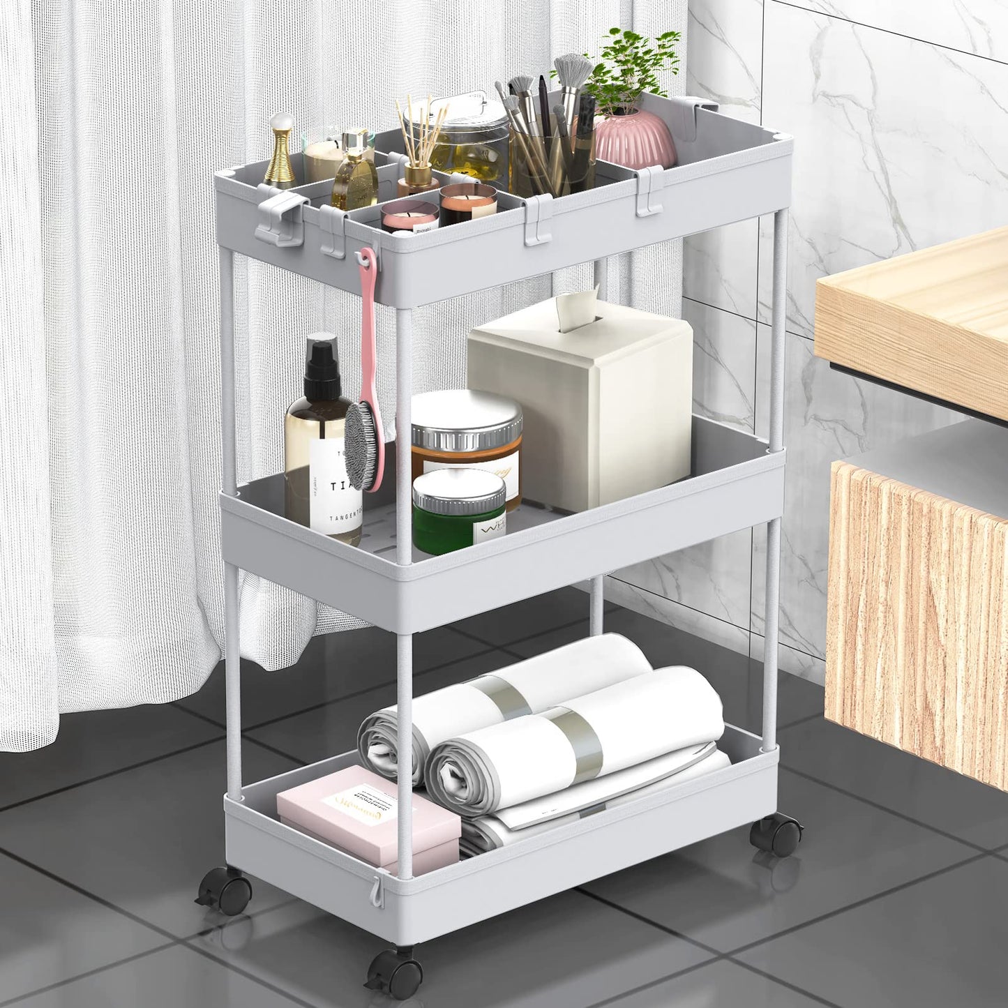 SPACELEAD 3 Tier Rolling Cart with Wheels, Storage Craft Art Trolley Organizer Serving, 3 Hanging Baskets Easy Assembly, for Office, Living Room, Kitchen, Gray