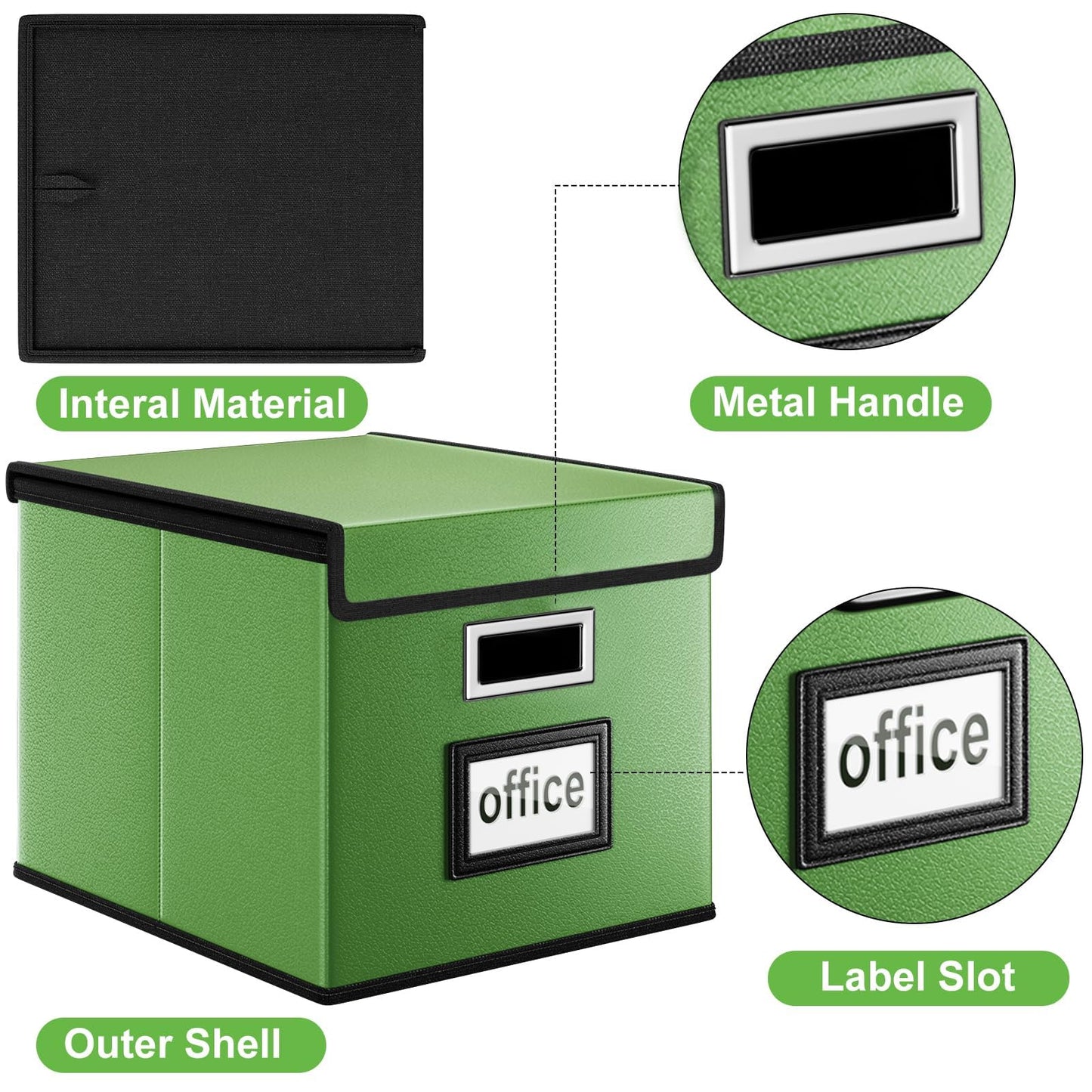 Huolewa File Organizer Box with Lid, Collapsible Faux Leather Document Organizer, Hanging File Folder Box with Plastic Slide, Decorative Filing Boxes Cabinet for File and Folders Storage(Green)