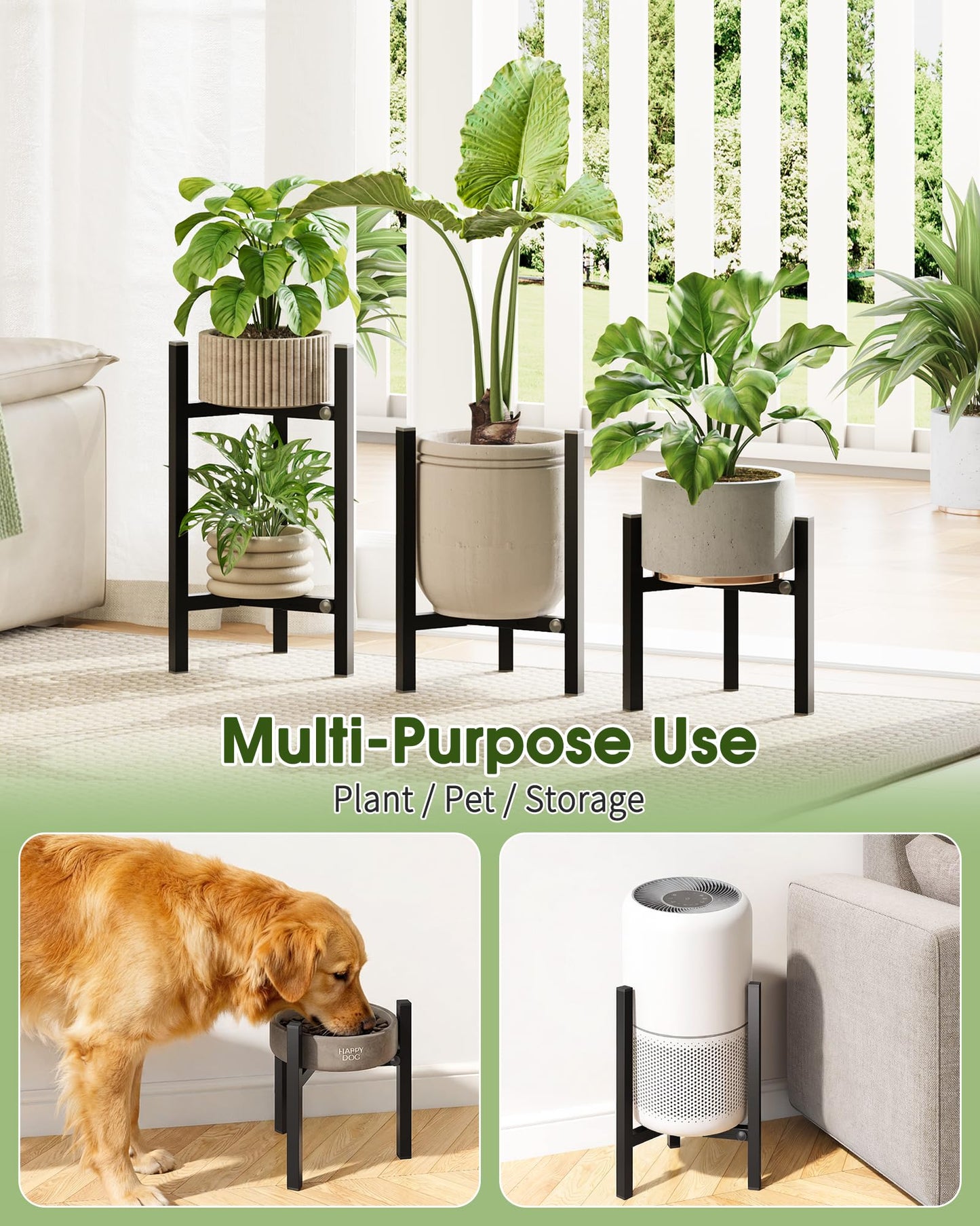 AZADESJET 3 Pack Plant Stand Indoor Adjustable, Metal Modern Indoor Plant Stand, Heavy Duty Single Plant Stands Outdoor Corner, Stable Plant Holder Indoor Stand, Fits 8 to 12 Inches Pots, Black