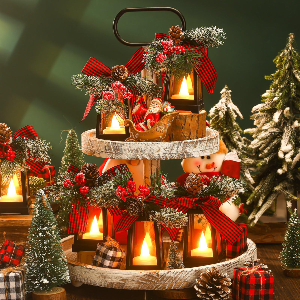 Set of 6 Christmas Mini Decorative Lanterns with Flickering LED Flameless Candle Hanging Lantern Decoration Bulk with Buffalo Plaid Bow Battery Included for Xmas Party (Red Plaid Bow)
